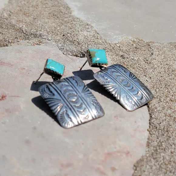 Turquoise Stone and Stamped Silver Square Drop Earrings - Picture 2 of 4